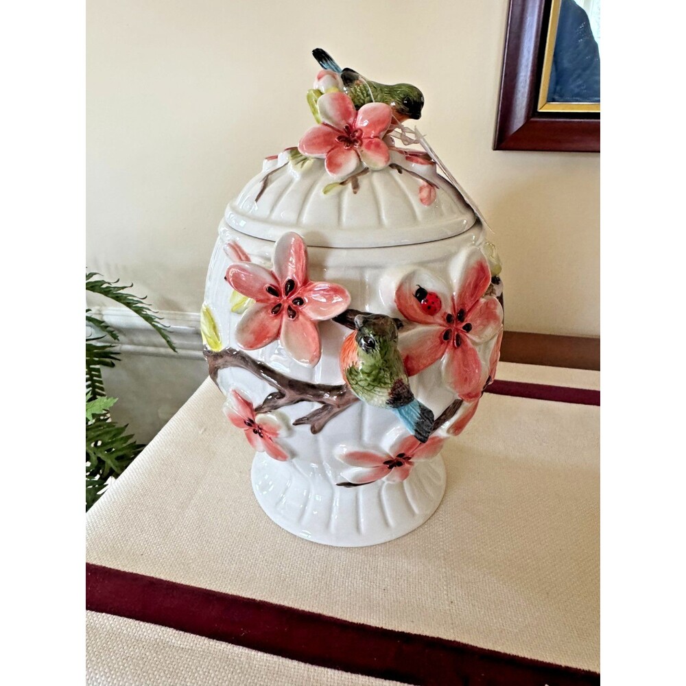 NWT Corner Ruby Botanical Collection Ceramic Canister Florals Birds Branches